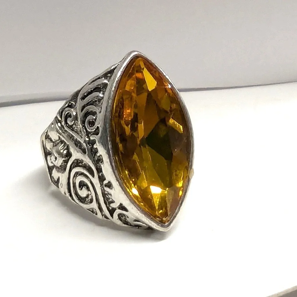 SilverTone Marquise Faceted Yellow Citrine November Statement Ring Plus‎ Size 11
